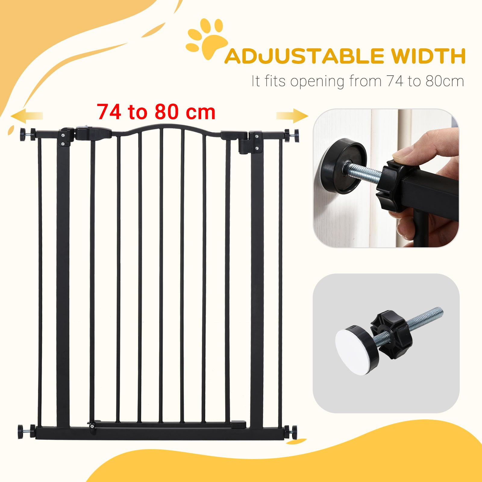 PawHut Pressure Fit Dog Stair Gate No Drilling Safety Gate Auto Close for Doorways, Hallways, 74-80cm Adjustable, 94cm Tall, Black 
