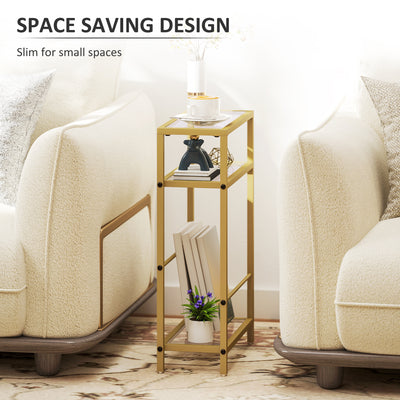 HOMCOM 3-Tier Side Table, Narrow End Table with Storage Shelf and Tempered Glass Tabletop for Small Spaces, Bedroom, Living Room, Entryway, Gold Tone 