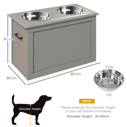 PawHut Raised Dog Bowls, with Storage, Two Stainless Steel Bowls, Elevated Base - Grey 
