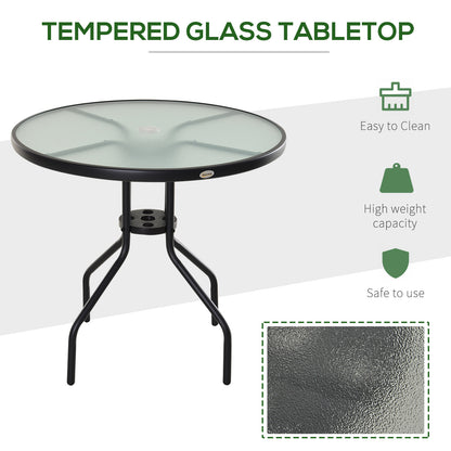 Outsunny Bistro Table Outdoor Round Dining Coffee Table with Parasol Hole, Tempered Glass Top Side Table Patio Garden - 80cm Diameter 