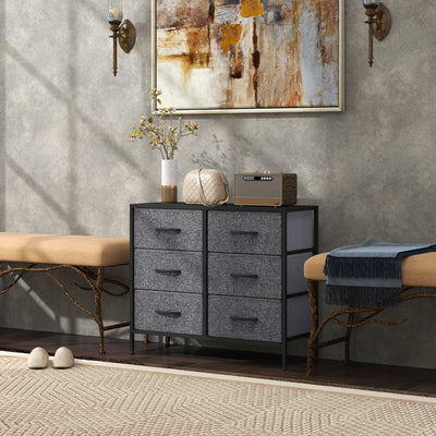 HOMCOM Fabric Chest of Drawers, Storage Drawers, Industrial Bedroom Dresser with 6 Fabric Drawers, Steel Frame and Wooden Top for Nursery, Living Room, Hallway, Black 