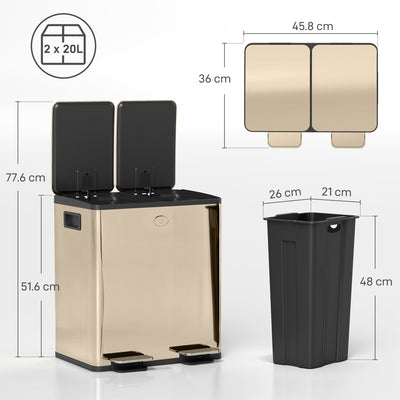 HOMCOM 40L Dual Compartment Stainless Steel Bin, with Deodoriser Holders - Gold Tone 