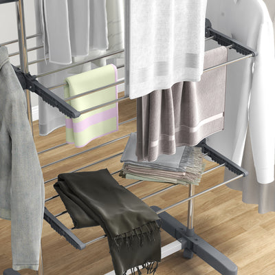 HOMCOM Three-Shelf Collapsing Clothes Horse, With Side Arms and Wheels - Grey 