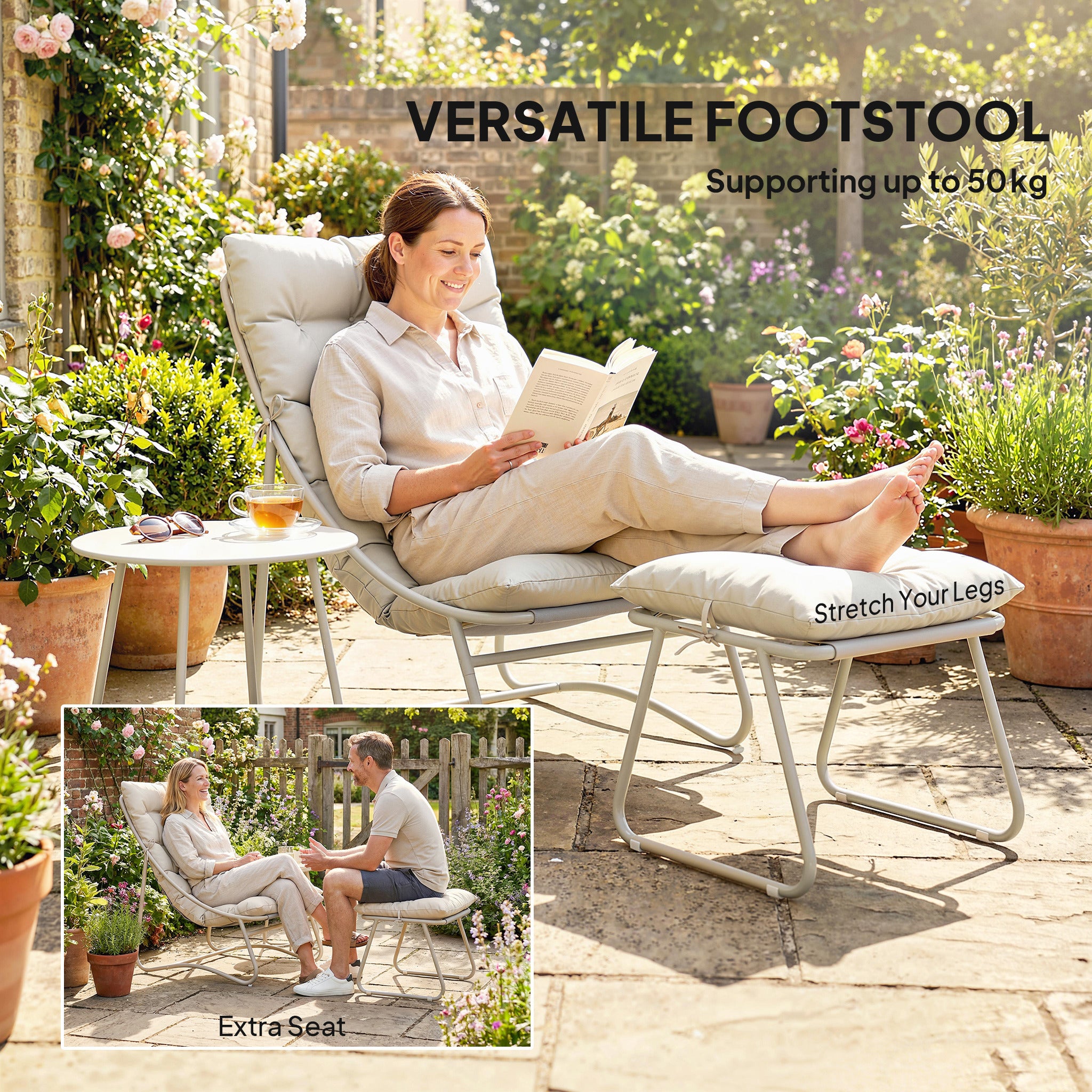 Outsunny Bistro Set for Garden, 3 Piece Outdoor Table and Chair with Footstool and Removable Cushions, Comfy Balcony Furniture 