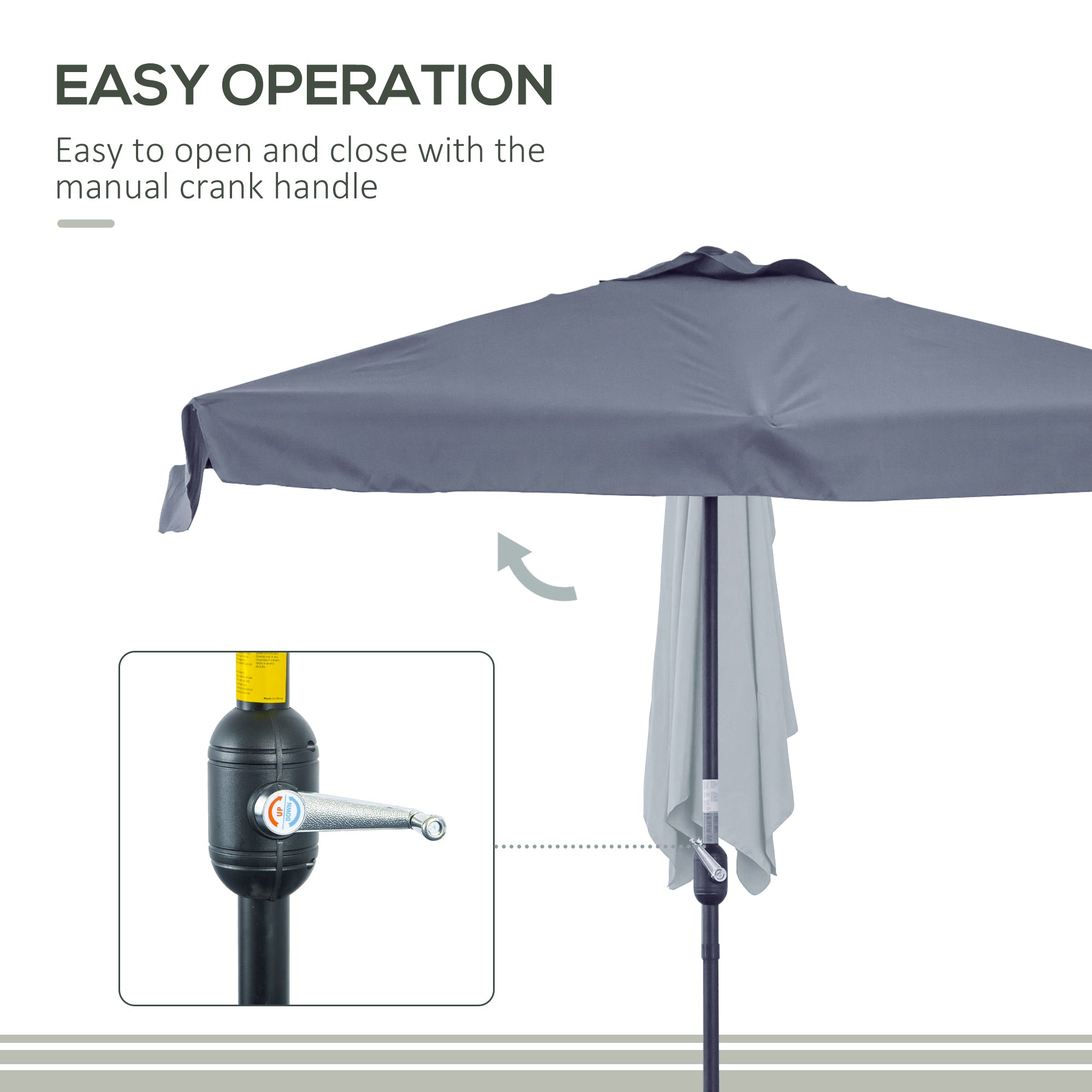 Outsunny 2.3m Half Parasol Semi Round Umbrella Patio Metal Frame Crank Handle for Balcony-- NO BASE INCLUDED, Grey 