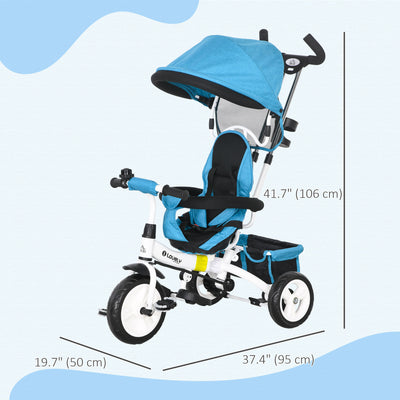 HOMCOM 6 in 1 Kids Trike Push Bike w/ Push Handle, Canopy, 5-point Safety Belt, Storage, Footrest, Brake, for 1-5 Years, Blue 