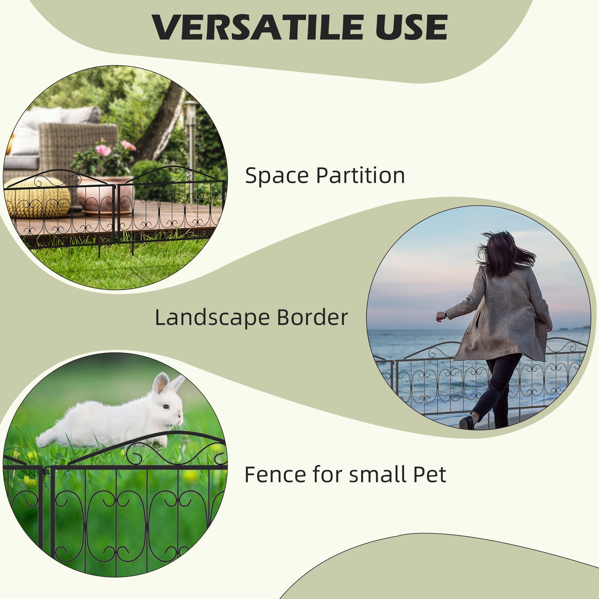 Outsunny Decorative Garden Fencing, 4PCs Outdoor Picket Fence Panels, Rustproof Metal Wire Landscape Flower Bed Border Edging Animal Barrier, Black 