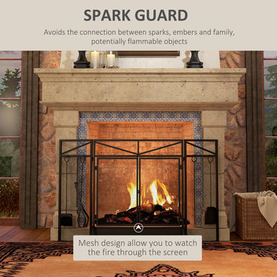 HOMCOM 3 Panel Folding Fire Guard Screen with Fireplace Tool Sets and Front Doors, Freestanding Fire Screen Spark Guard with Feet for Open Fire, Log Burner, Fireplace, 122 x77 cm, Black 