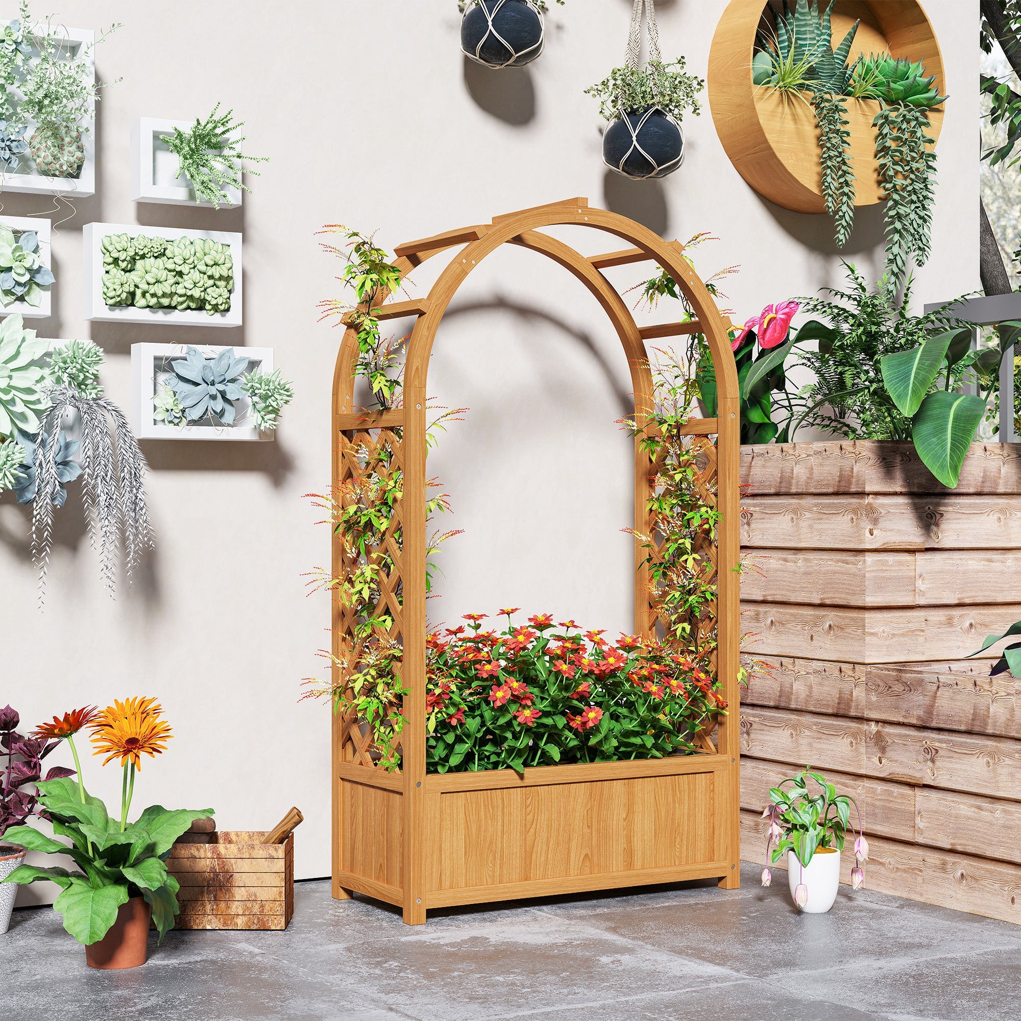 Outsunny Wooden Raised Garden Bed with Trellis, Liner, Drainage Holes, for Vine Climbing Plants, Flowers, 83 x 36 x 145 cm 