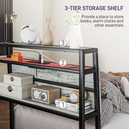 HOMCOM Single Steel Bed Frame, with LED Lights and Headboard Shelf - Grey 