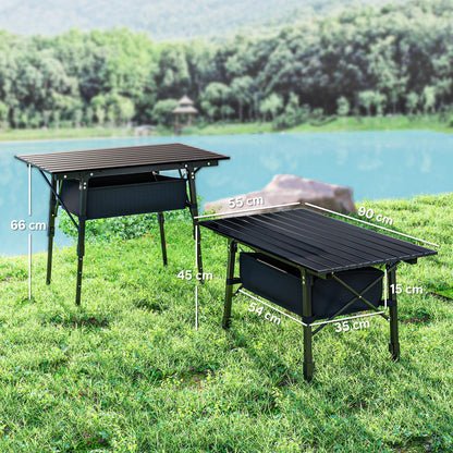 Outsunny Folding Camping Table, 90 x 55 cm Height Adjustable Portable Collapsible Table, 3ft Lightweight Aluminium Rollup Picnic Table with Storage Basket for Outdoor Garden Party BBQ, Black 