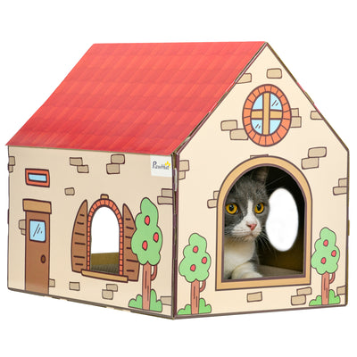 PawHut Two-In-One Cat House, Cat Scratching Board with Scratcher, Catnip, Cat Cardboard Scratcher for Indoor Cats 