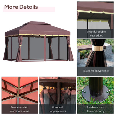 Outsunny 3 x 4m Aluminium Garden Gazebo, Marquee Canopy Shelter Pavilion Party Tent with Nets and Curtains for Garden and Deck, Coffee 