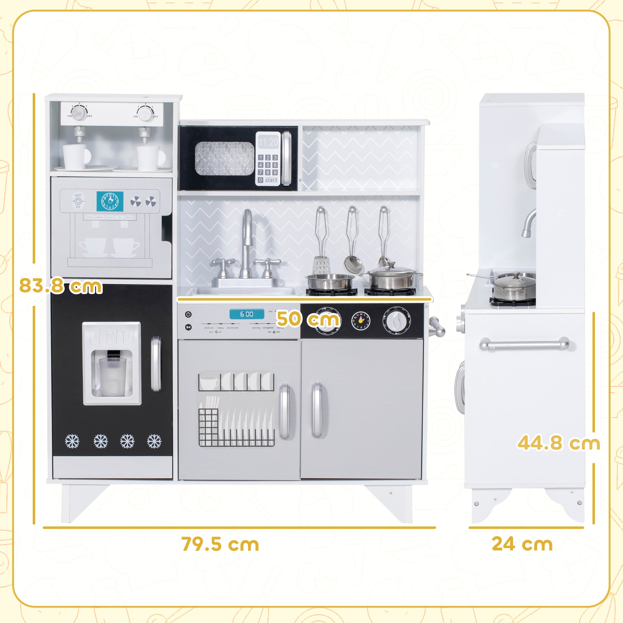 AIYAPLAY Kids Play Kitchen with Sound, Ice/Coffee Maker, Utensils, Microwave, Stainless Steel Utensils, for 3-6 Years 