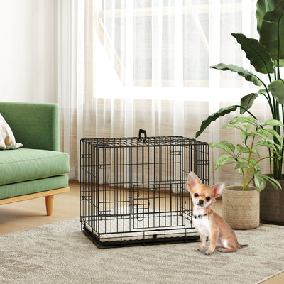 PawHut Foldable Dog Crate with Two Doors with Tray, Soft Cushion, for Extra Small Dogs, 60 x 40 x 50, Black 