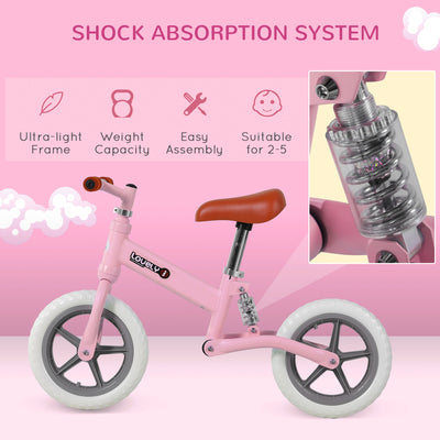 HOMCOM 12" Kids Balance Bike No Pedal Bicycle EVA Tire Adjustable Seat Toddler Training Bike W/ Shock Absorber 2 - 5 Years Gift for Boys Girls Pink 