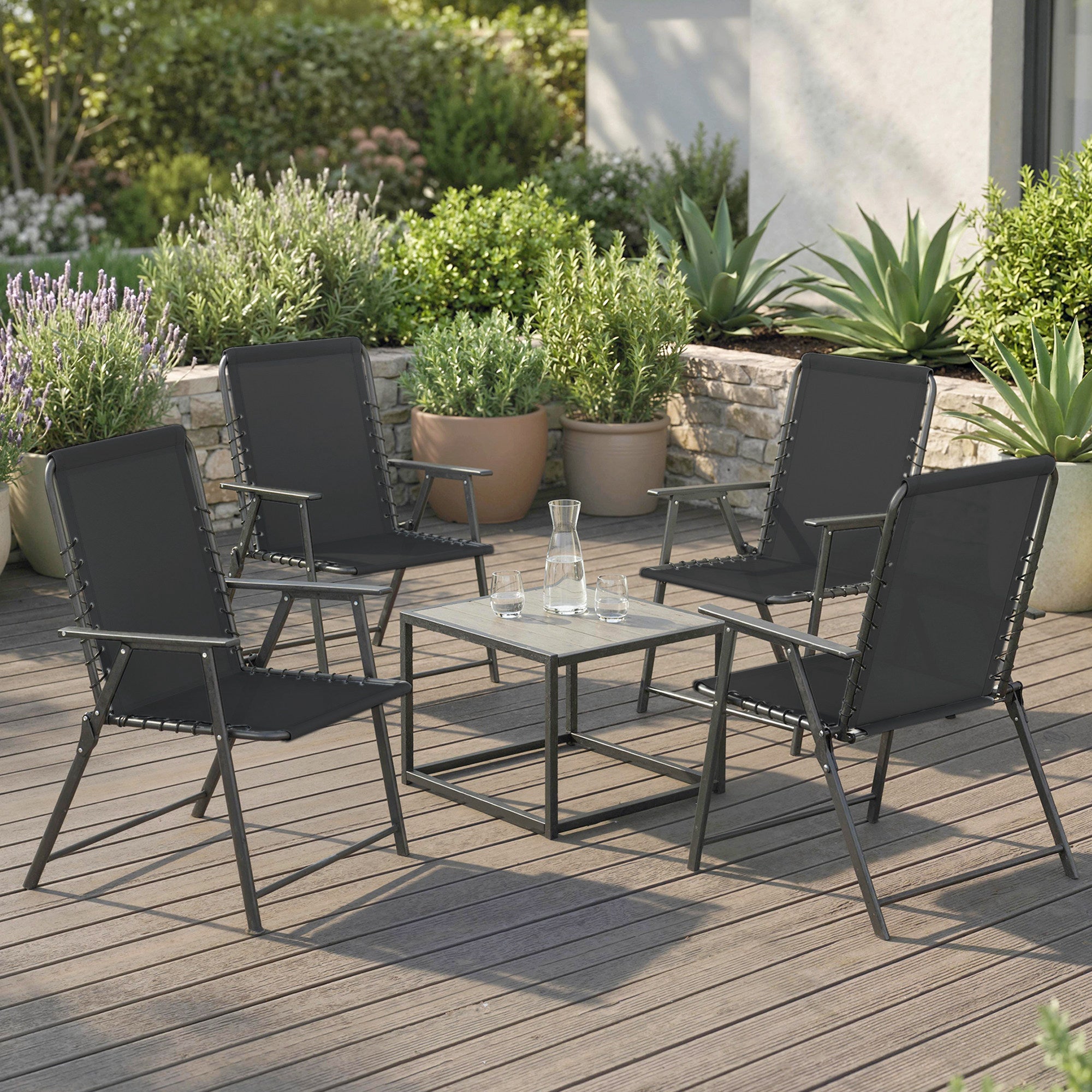 Outsunny Folding Garden Chairs Set of 4, Outdoor Dining Chairs with Wide Texteline Seat, High Back and Armrests, Black 