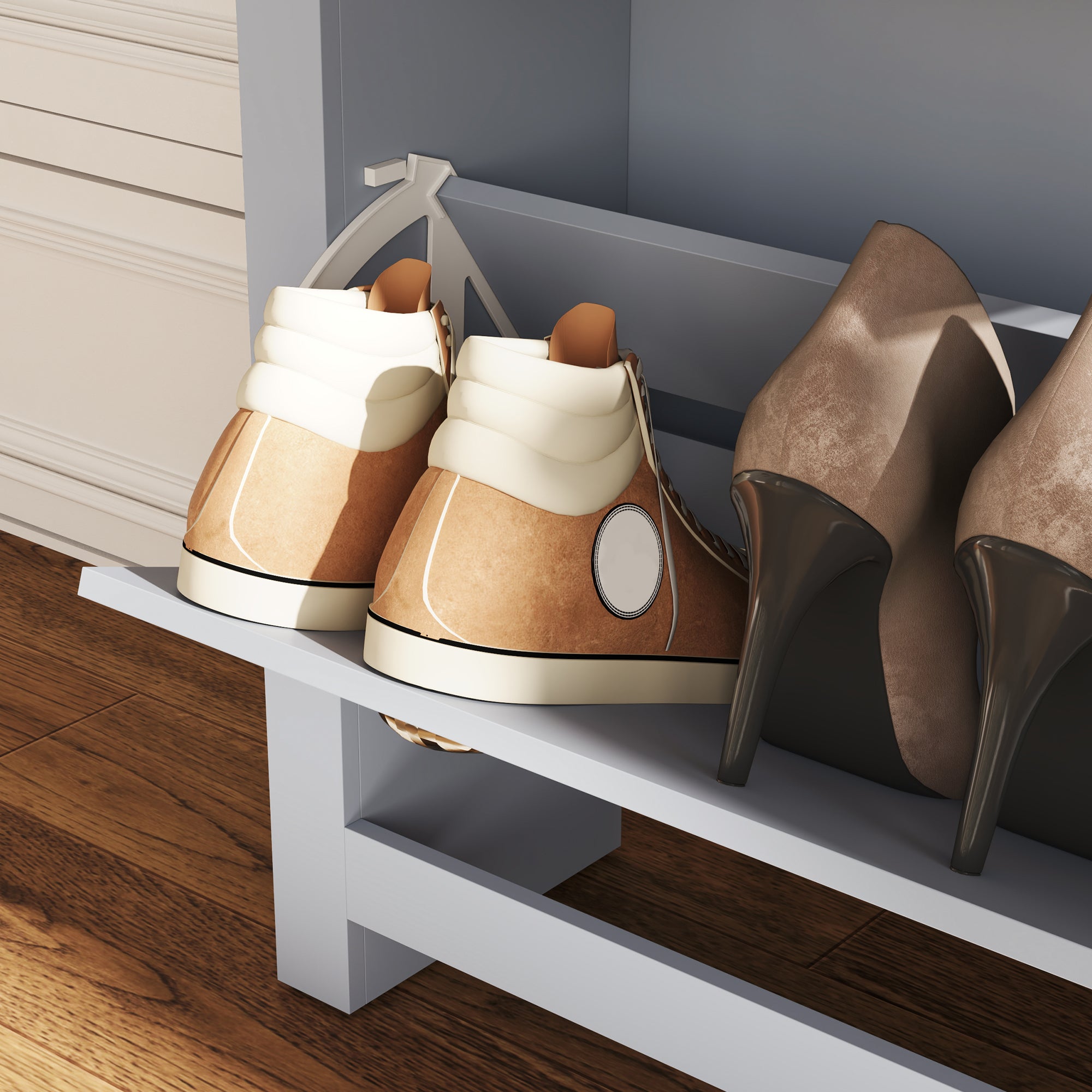 HOMCOM 2 Drawer Shoe Cabinet Modern Narrow Shoe Cupboard Hallway Wooden Storage Organiser with Flip Doors Adjustable Shelf for 6-12 Pairs, Grey