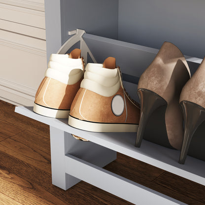 HOMCOM 2 Drawer Shoe Cabinet Modern Narrow Shoe Cupboard Hallway Wooden Storage Organiser with Flip Doors Adjustable Shelf for 6-12 Pairs, Grey