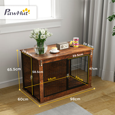 PawHut Dog Crate Furniture with Flip-up Top, 2 Doors, for Large Dogs, 98 x 60 x 65.5cm, Rustic Brown 