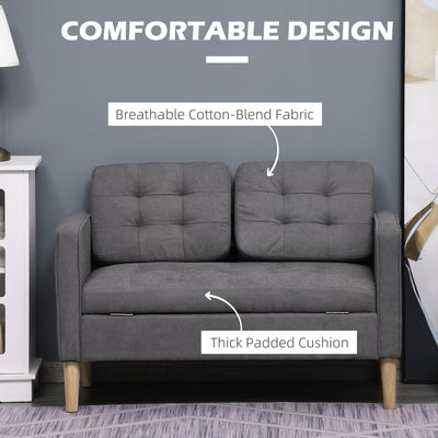 HOMCOM Modern 2 Seater Sofa with Hidden Storage, 117cm Tufted Cotton Couch with Wood Legs, Compact Loveseat for Living Room, Kitchen, Grey 