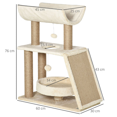 PawHut Cat Tree Tower, with Scratching Posts, Pad, Bed, Perch, Toy Ball - Light Brown 