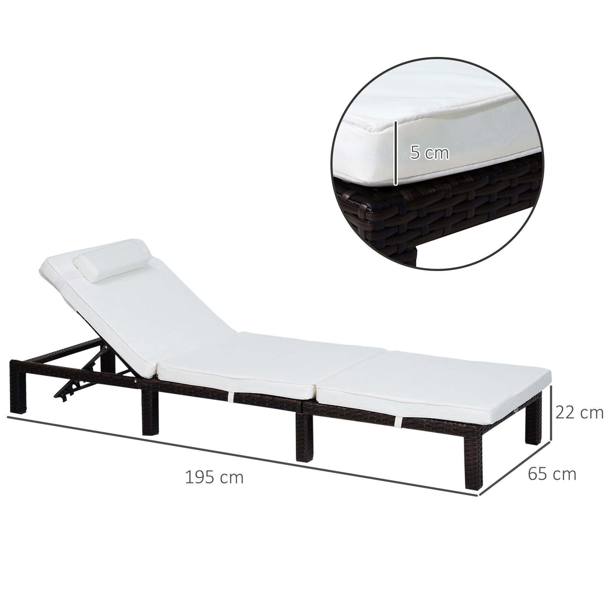 Outsunny Rattan Sun Lounger, 5-Level Adjustable Garden Lounger Recliner with Cushion and Headrest, Outdoor Reclining Sunbed, Steel Frame Garden Chair for Patio, Beach, Terrace, Cream White 