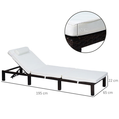 Outsunny Rattan Sun Lounger, 5-Level Adjustable Garden Lounger Recliner with Cushion and Headrest, Outdoor Reclining Sunbed, Steel Frame Garden Chair for Patio, Beach, Terrace, Cream White 