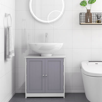 kleankin 60x60cm Under-Sink Storage Cabinet w/ Adjustable Shelf Handles Drain Hole Bathroom Cabinet Space Saver Organizer White and Grey 