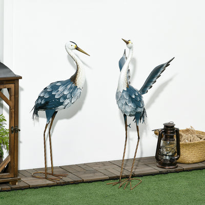 Outsunny Heron Garden Statues, Standing Garden Ornament, Metal Garden Gift with Stakes, Blue & White 