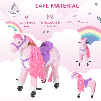 HOMCOM Plush Walking Horse Ride On Toy with Wheels and Realistic Sounds Rocking Horse for Girls Boys 3+ Years Old, 50cm Tall, Pink 