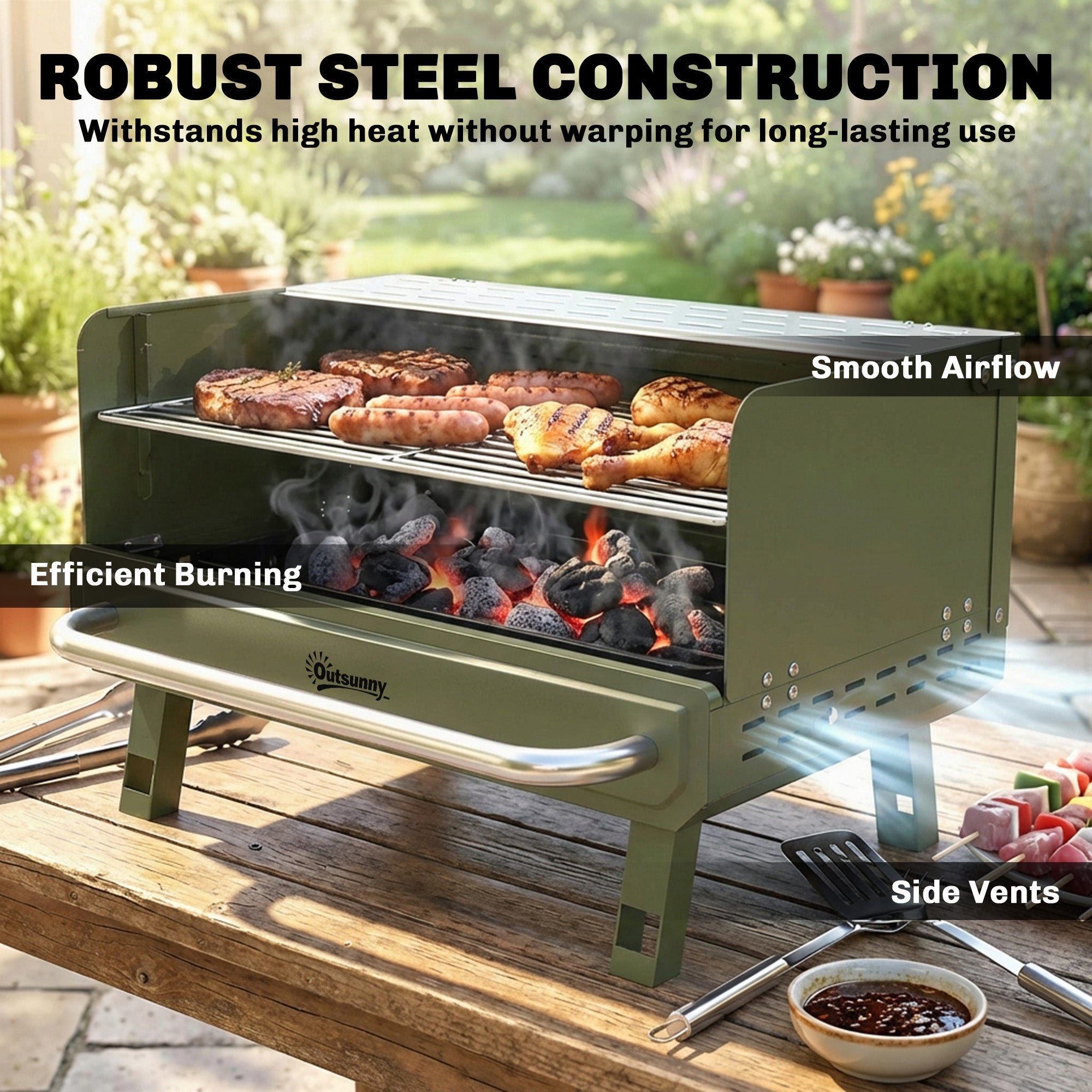 Outsunny Portable BBQ Grill, Charcoal Barbecue Grill with Adjustable Grates, Foldable Legs, Side Shelf for Camping Travel, Green 