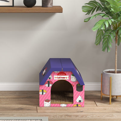 PawHut Cat Scratching Board, 2-in-1 Cardboard Cat House and Hideaway for Indoor Cats, Pink 
