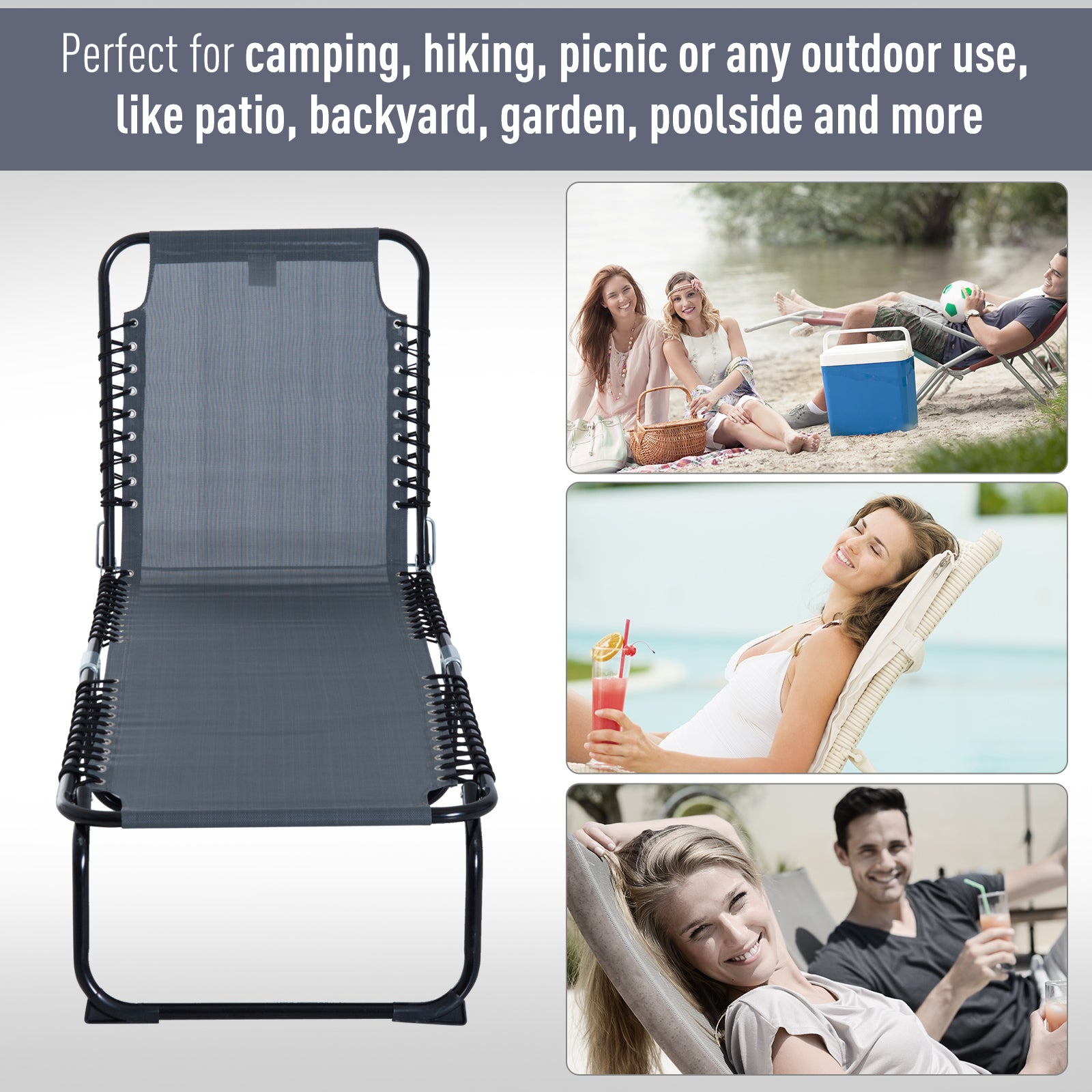 Outsunny Foldable Sun Lounger, Outdoor 4 Level Adjustable Backrest Reclining Chaise Chair, Steel Frame Recliner Chair for Camping, Hiking, Grey 