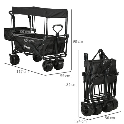 Outsunny Folding Trolley Cart Storage Wagon Beach Trailer 4 Wheels with Handle Overhead Canopy Cart Push Pull for Camping, Black 