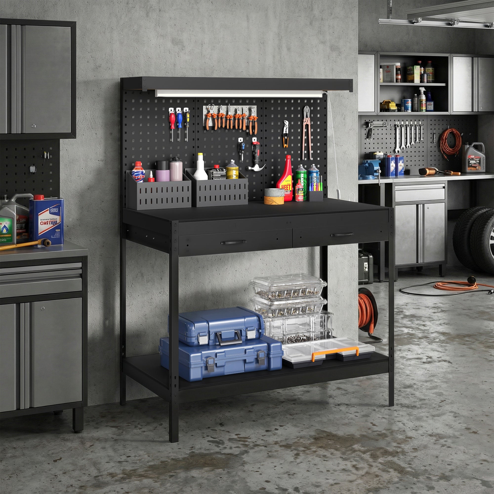 HOMCOM 110 cm Workbench with Pegboard, Heavy Duty Work Table with Power Strip and LED Light, Black 