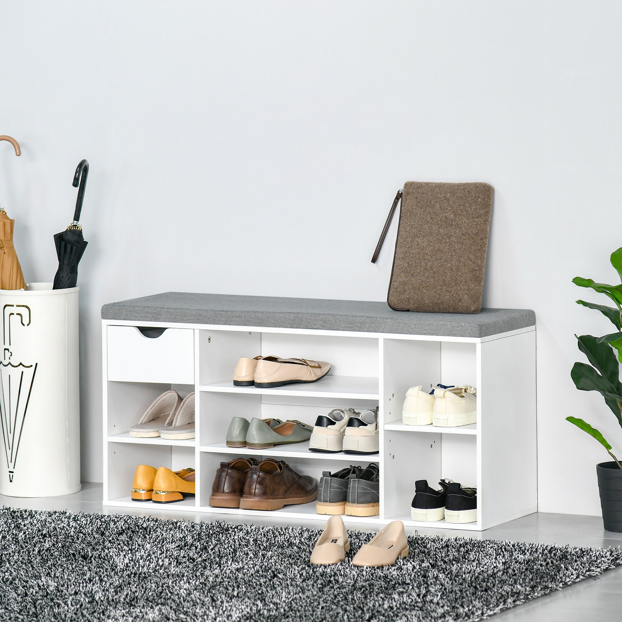 HOMCOM Shoe Bench with Seat Cushion Shoe Storage Cabinet with 7 Compartments Drawer Adjustable Shelves for Entryway Hallway Living Room White and Grey 