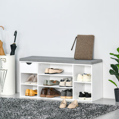 HOMCOM Shoe Bench with Seat Cushion Shoe Storage Cabinet with 7 Compartments Drawer Adjustable Shelves for Entryway Hallway Living Room White and Grey 