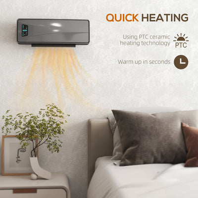 HOMCOM 2000W PTC Ceramic Fan Heater, Wall Mounted, 30° Oscillation, 54L x 18.7W x 14.5H cm - Grey