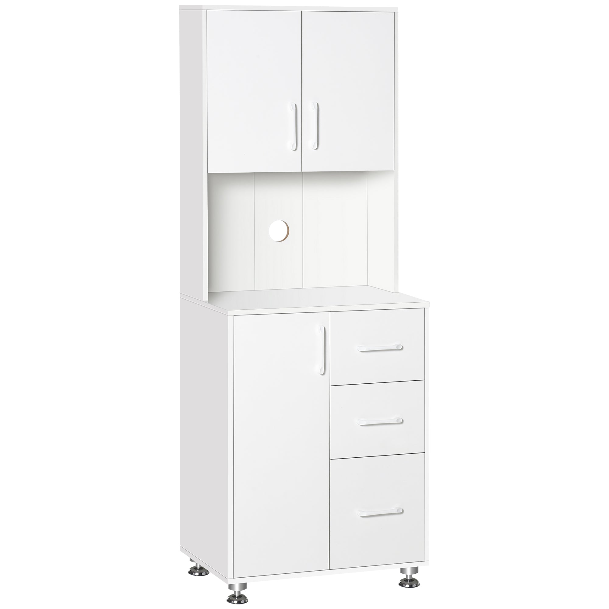HOMCOM Modern Kitchen Cupboard with Storage Cabinets, 3 Drawers and Open Countertop for Living Room, White 