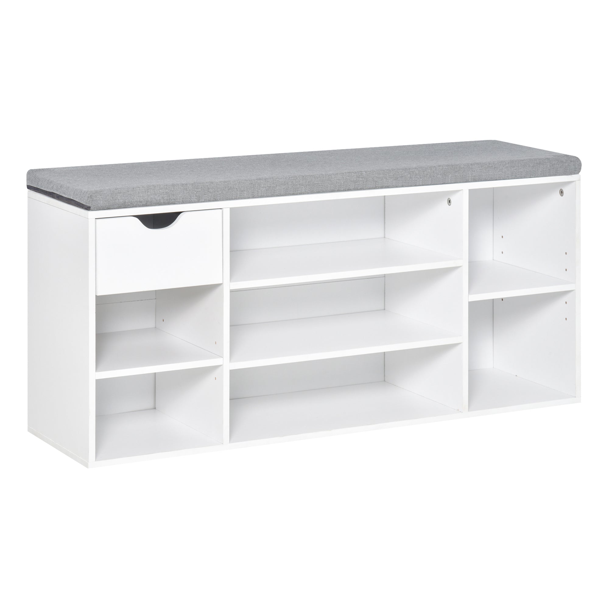 HOMCOM Shoe Bench with Seat Cushion Shoe Storage Cabinet with 7 Compartments Drawer Adjustable Shelves for Entryway Hallway Living Room White and Grey 
