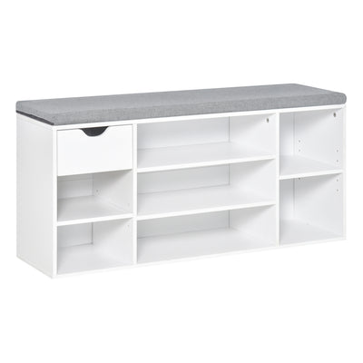 HOMCOM Shoe Bench with Seat Cushion Shoe Storage Cabinet with 7 Compartments Drawer Adjustable Shelves for Entryway Hallway Living Room White and Grey 