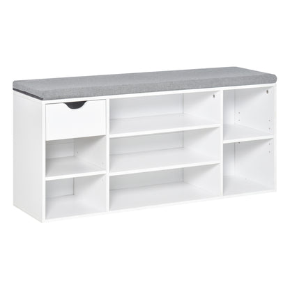 HOMCOM Shoe Bench with Seat Cushion Shoe Storage Cabinet with 7 Compartments Drawer Adjustable Shelves for Entryway Hallway Living Room White and Grey 