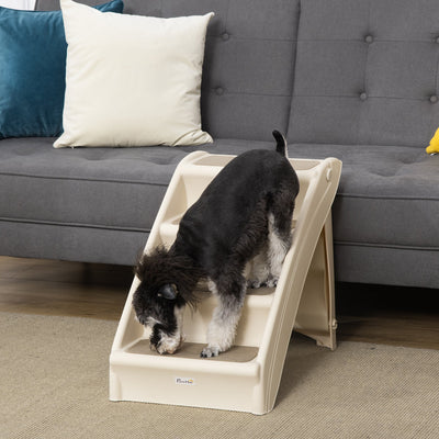 PawHut Foldable Four-Step Pet Stairs, for Cats, Small Miniature Dogs, with Non-Slip Mats 62 x 38 x 49.5cm - Beige 