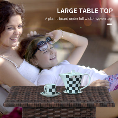Outsunny Outdoor Rattan Side Table Coffee Table with Plastic Board, Full Woven Table Top for Patio, Garden, Balcony, Mixed Brown 