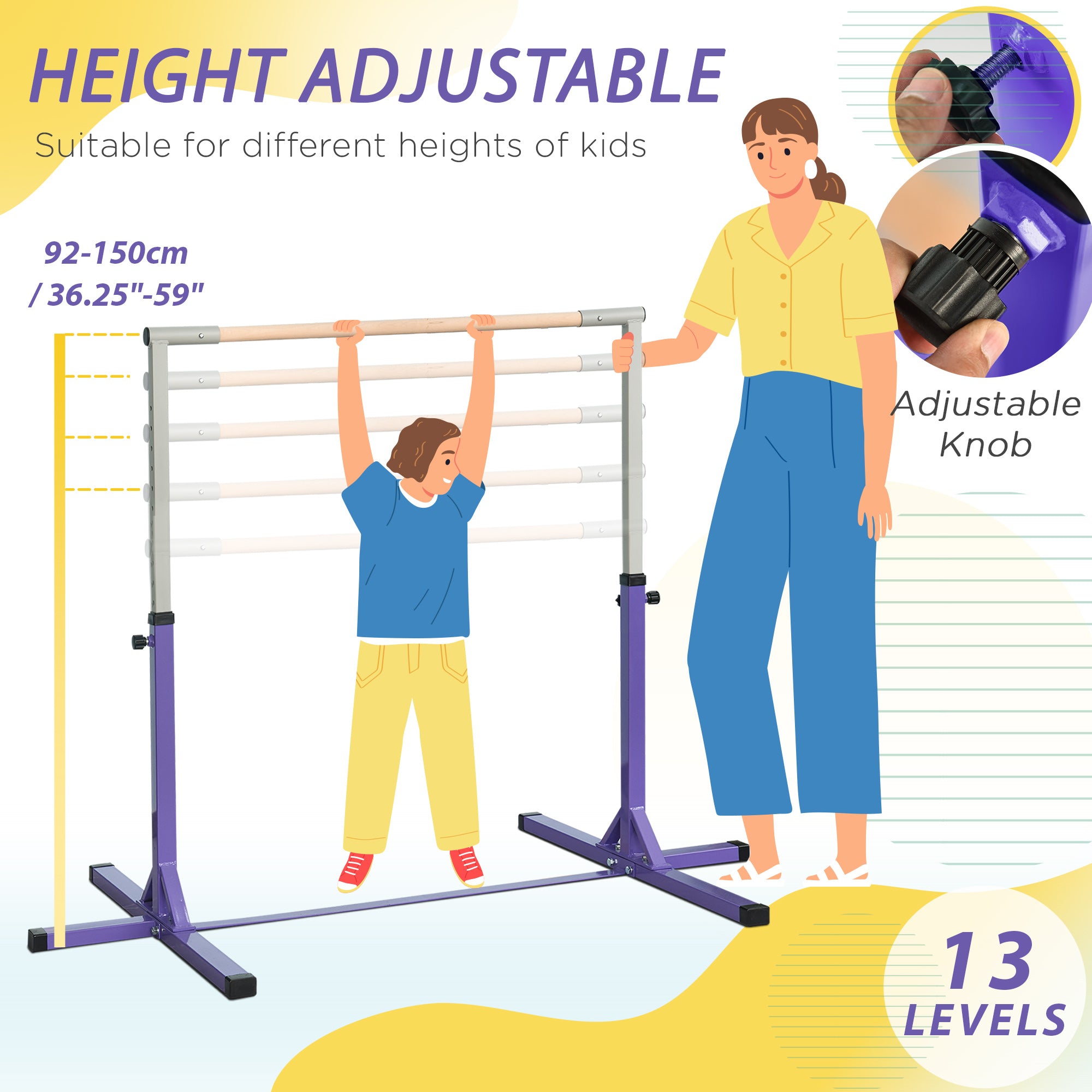 HOMCOM Steel Frame Adjustable Horizonal Gymnastics Bar For Kids Home Gym Training Purple 