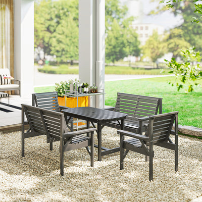 Outsunny 5 Piece Wooden Garden Dining Set for 6, Outdoor Conversation Set with 2 Armchairs, 2 Loveseats and Dining Table with Umbrella Hole for Patio, Balcony, Grey 