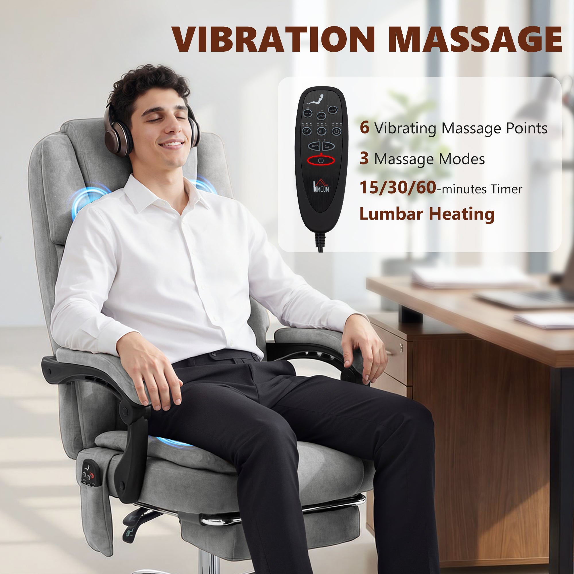HOMCOM Office Chair with 6-Point Vibration Massage and Heat, Executive Computer Desk Chair with High Back, Reclining, Grey 