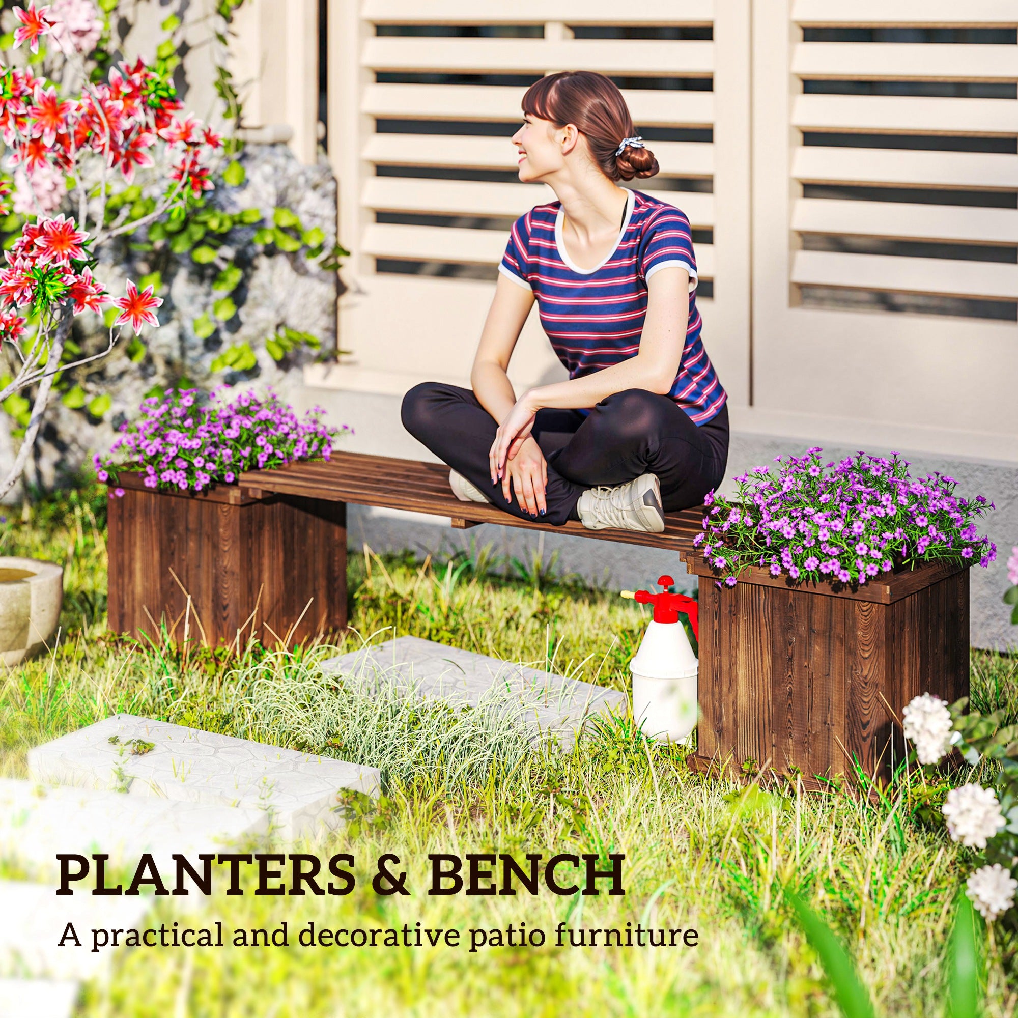 Outsunny Wooden Garden Planter & Bench Combination Garden Raised Bed Patio Park Carbonised Finish 176 x 38 x 40 cm 