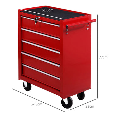 HOMCOM 5 Drawer Tool Chest on Wheels, Lockable Steel Tool Trolley with Side Handle for Workshop, Garage, Red 